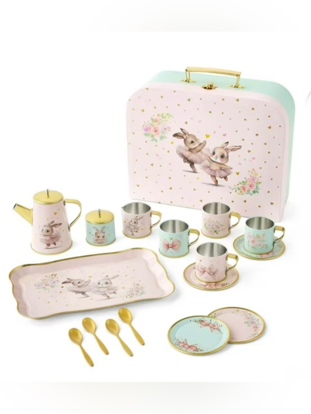 Girl's Play Tea Party Ballet Bunny in Tutu Tin Tea Set w Case New